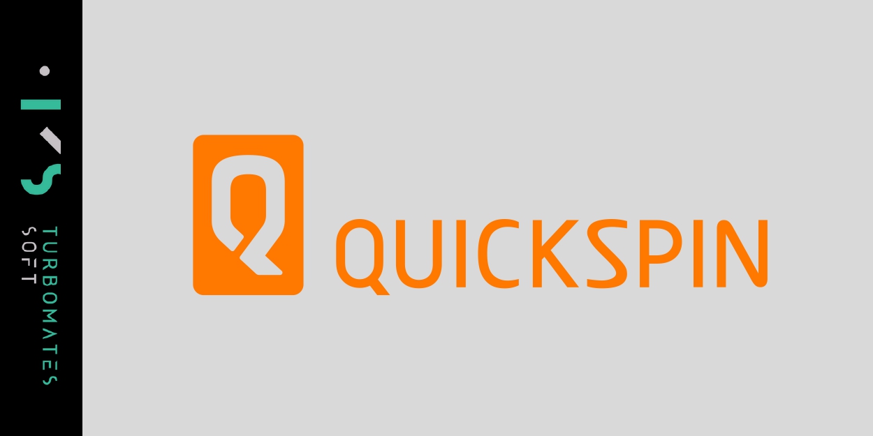 Logo of Quickspin with an orange emblem featuring the letter 'Q' and the brand name 'QUICKSPIN' to the right, set against a gray background.